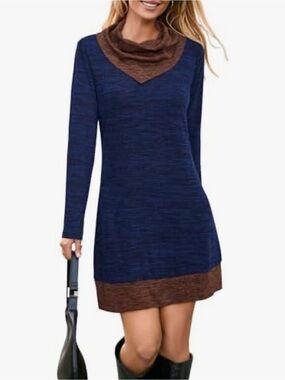 A470 Styleword Long Sleeve Navy/Brown Cowl Neck Tunic Knitted Dress NWT